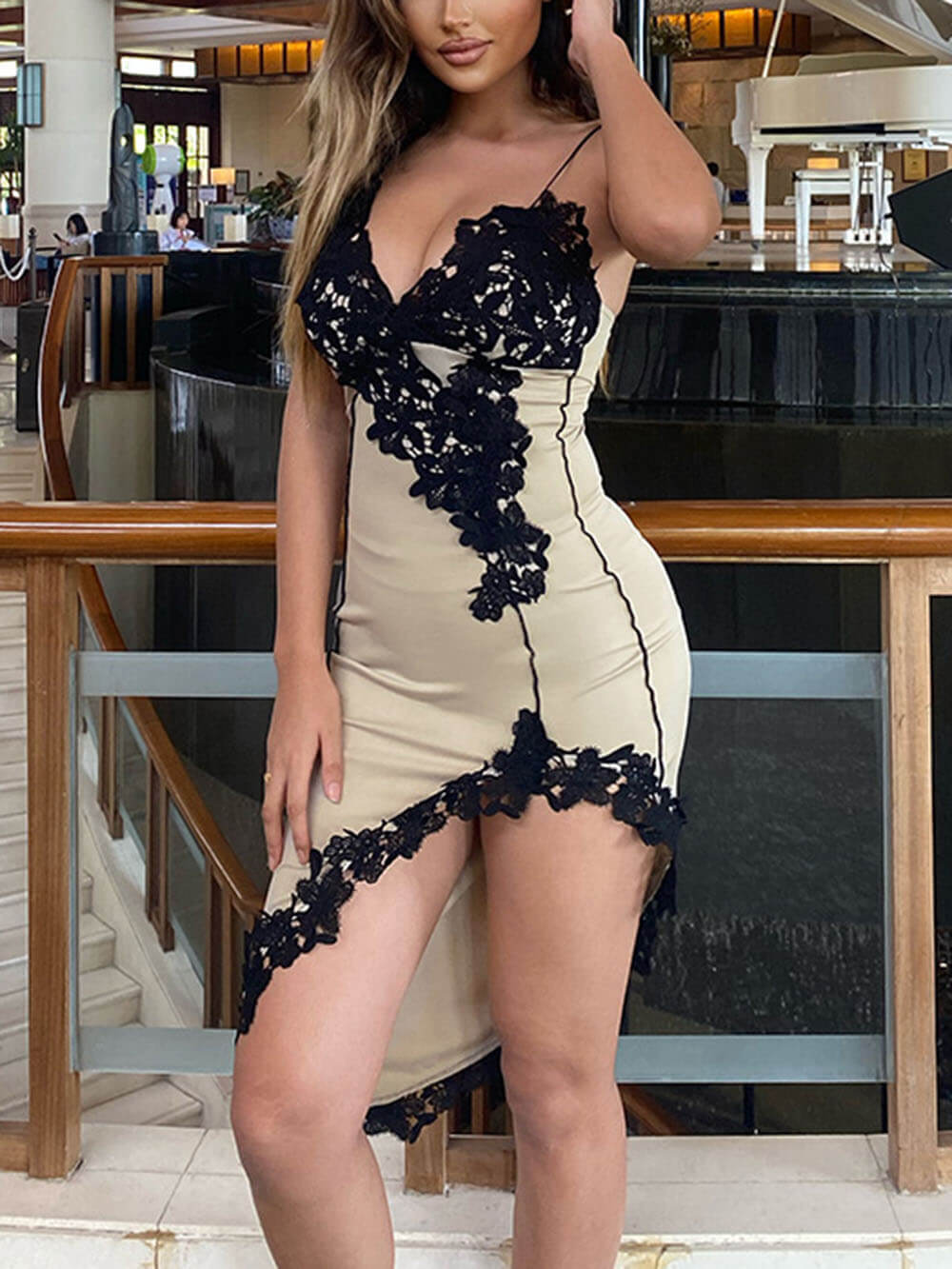 Strap V Lace Hip Hugging Short Dress