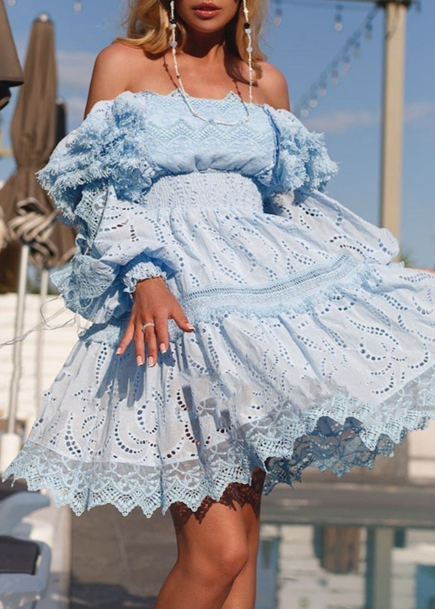 Broderie Seraphina Puff Sleeve Dress Blue Smocked A Line Mini