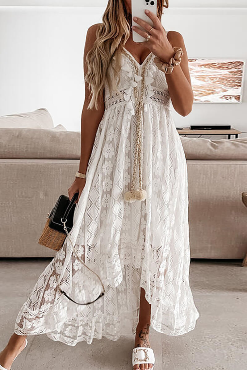 Boutique Mandy Lace and Ruffle Mullet Midi Dress Chic Silhouette Collection