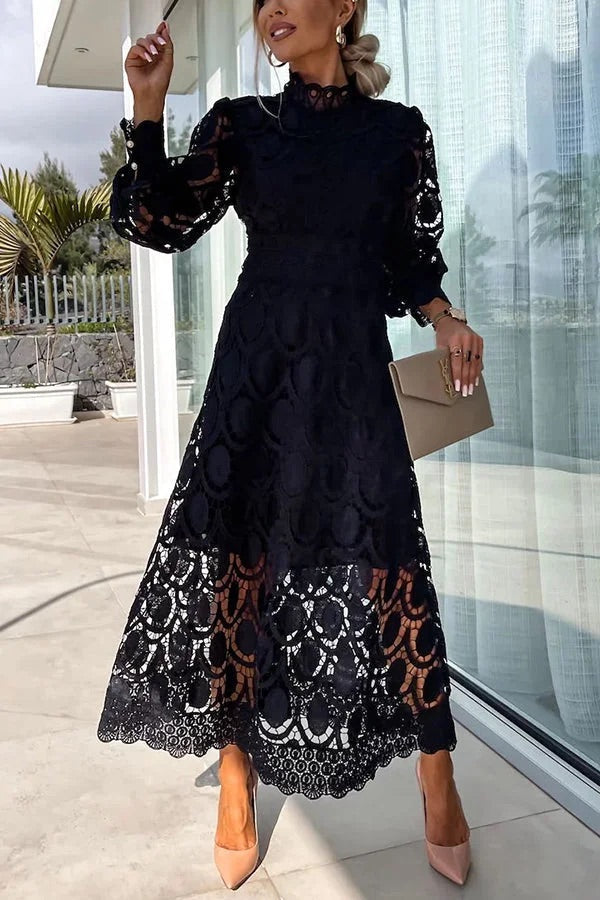 Premium Francisca Romantic, Sensual and Party Midi Dress with Crochet Lace and Lantern Sleeves Chic Silhouette Collection
