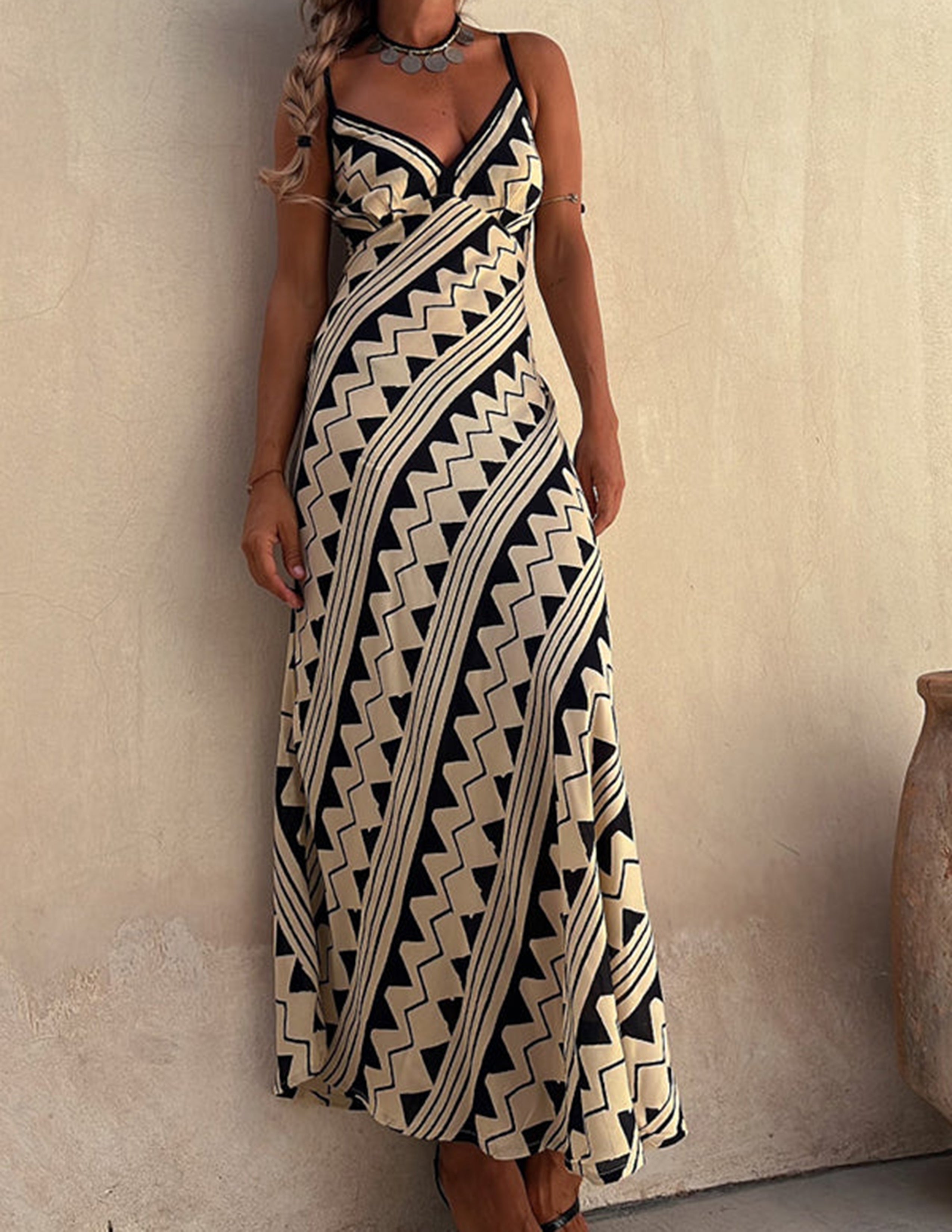 Melody Exclusive Satin Ethnic Print Smocked Back Midi Dress