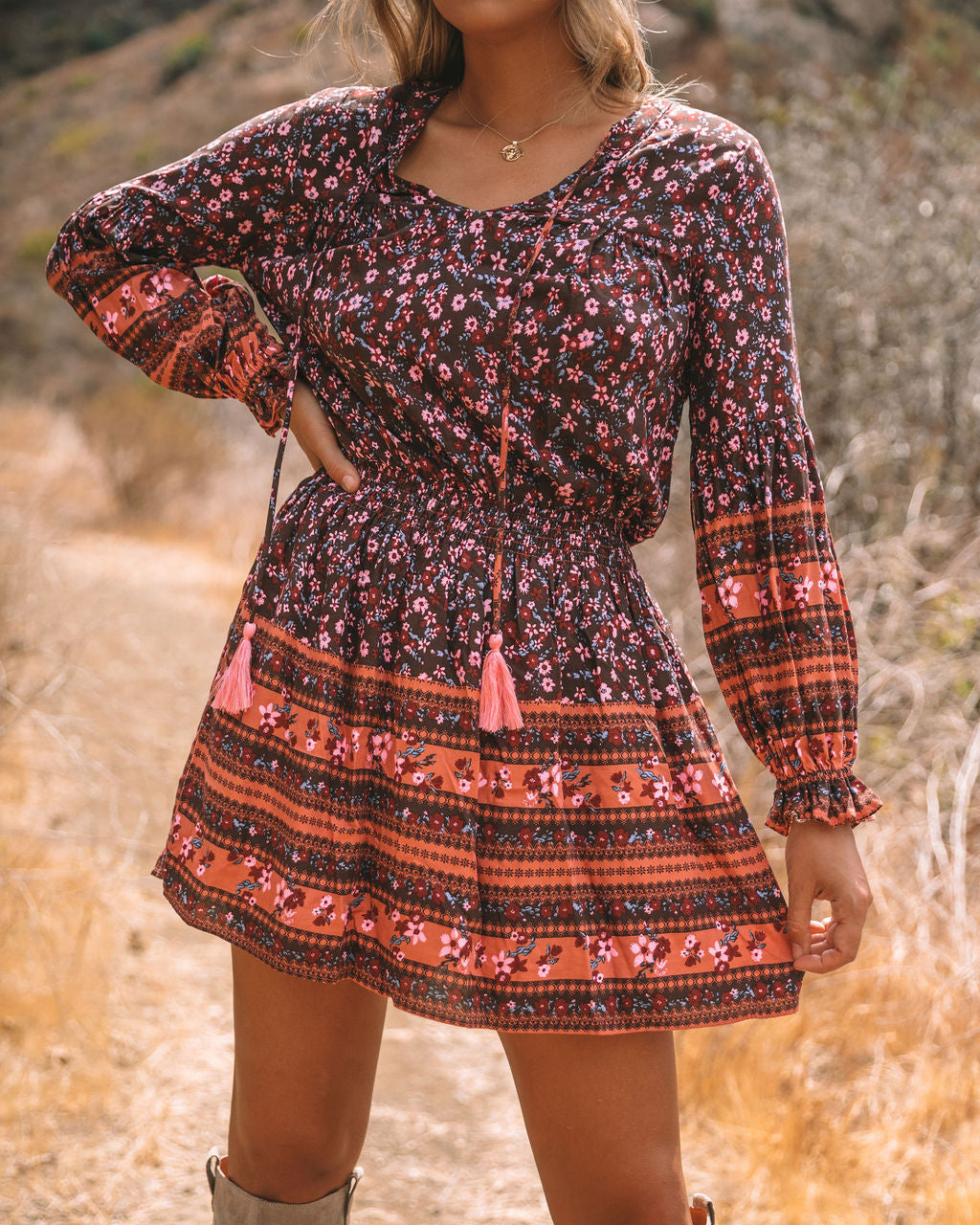 Printed Priority Tassel Dress Chocolate FINAL