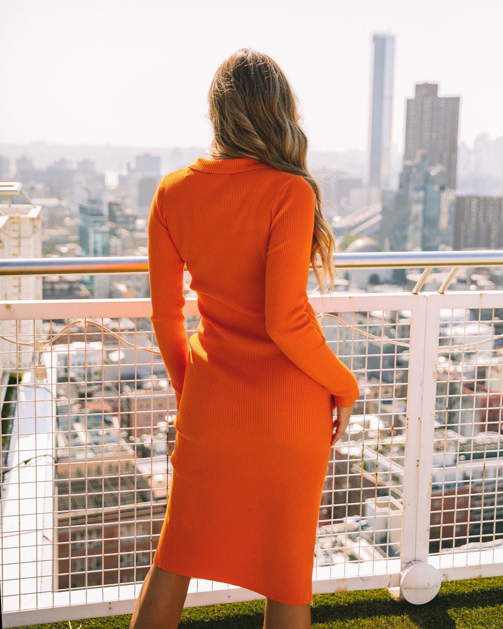 Collared Ari Button Down Knit Midi Dress Orange FINAL