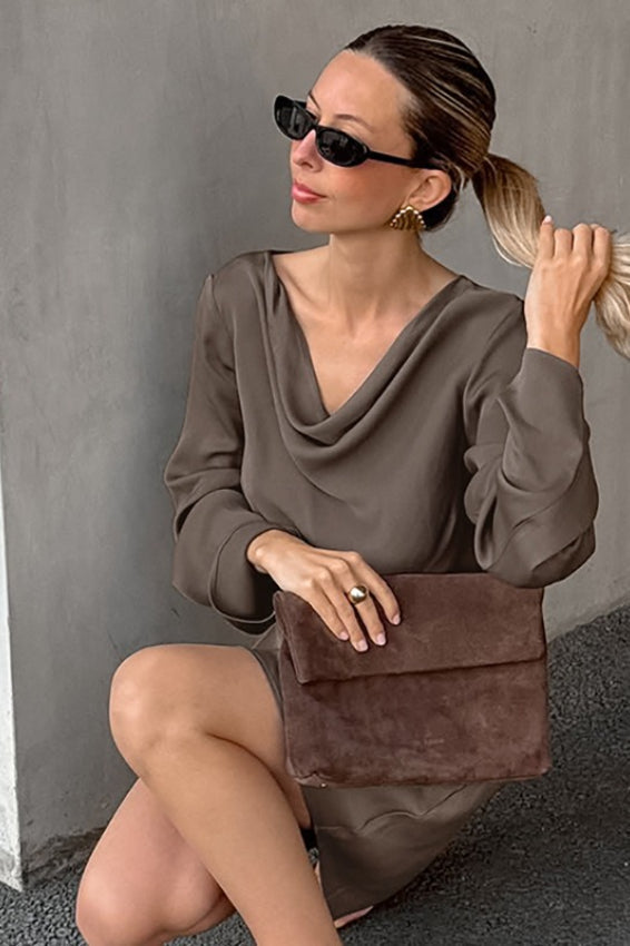 Neck Cowl Long Sleeve Fitted Midi Dress