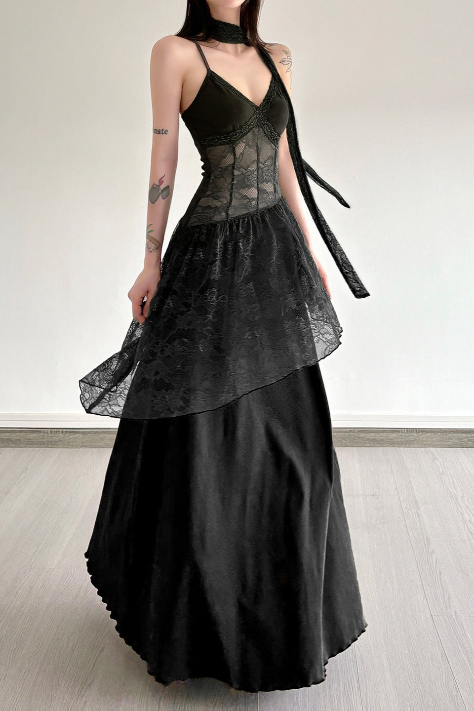Lace Edition Trim Sheer Waist Tie Cami Maxi Lace Dress