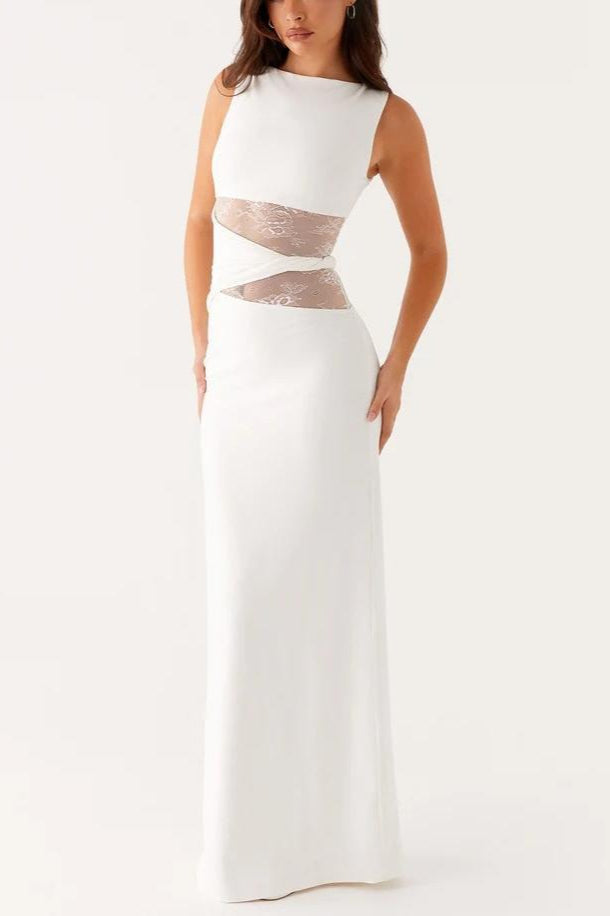 Shaped Sheer Lace Paneled Maxi Lace Dress