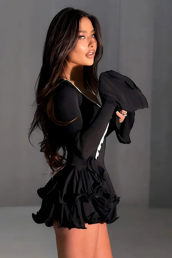 Neck V Pleated Mini Dress