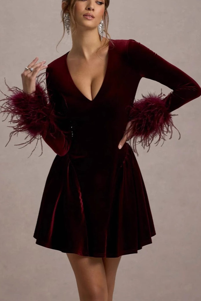 Sleeve Long V Neck Mini Dress