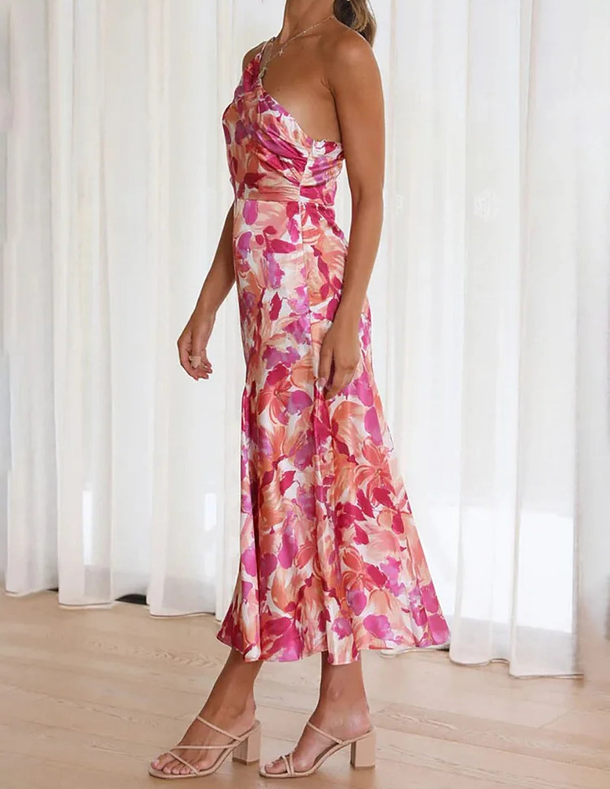 Pink Flower One Shoulder Ruched Satin Dress
