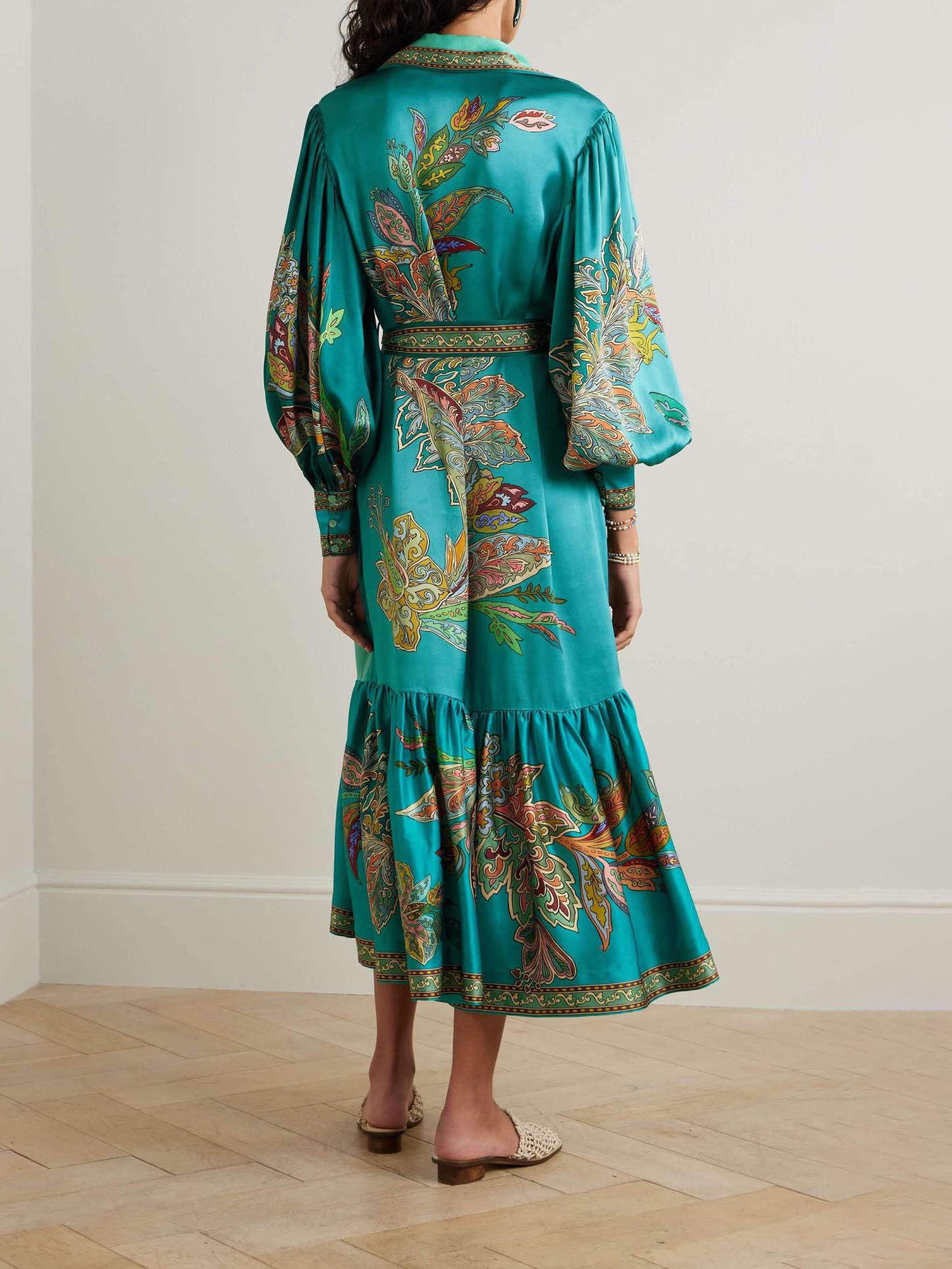 Delicate Satin Bloom Print Single Breasted Midi Dress