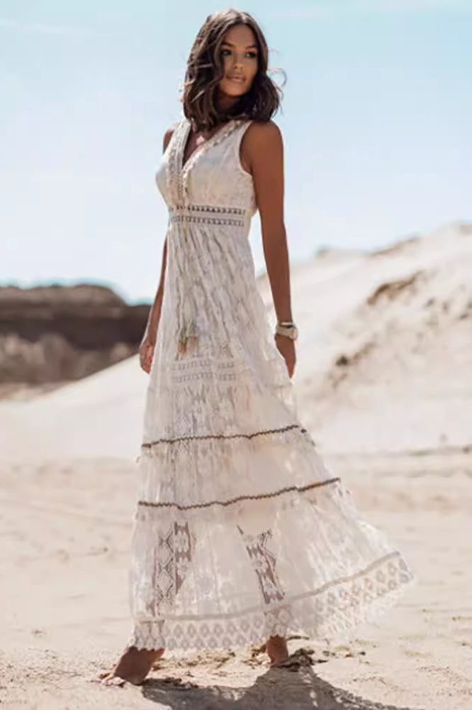 Chic Bohemian Lace Spliced Flare Maxi Boho Dress