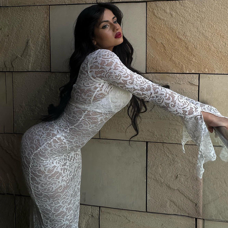 Neck V Lace Flare Sleeve Dress