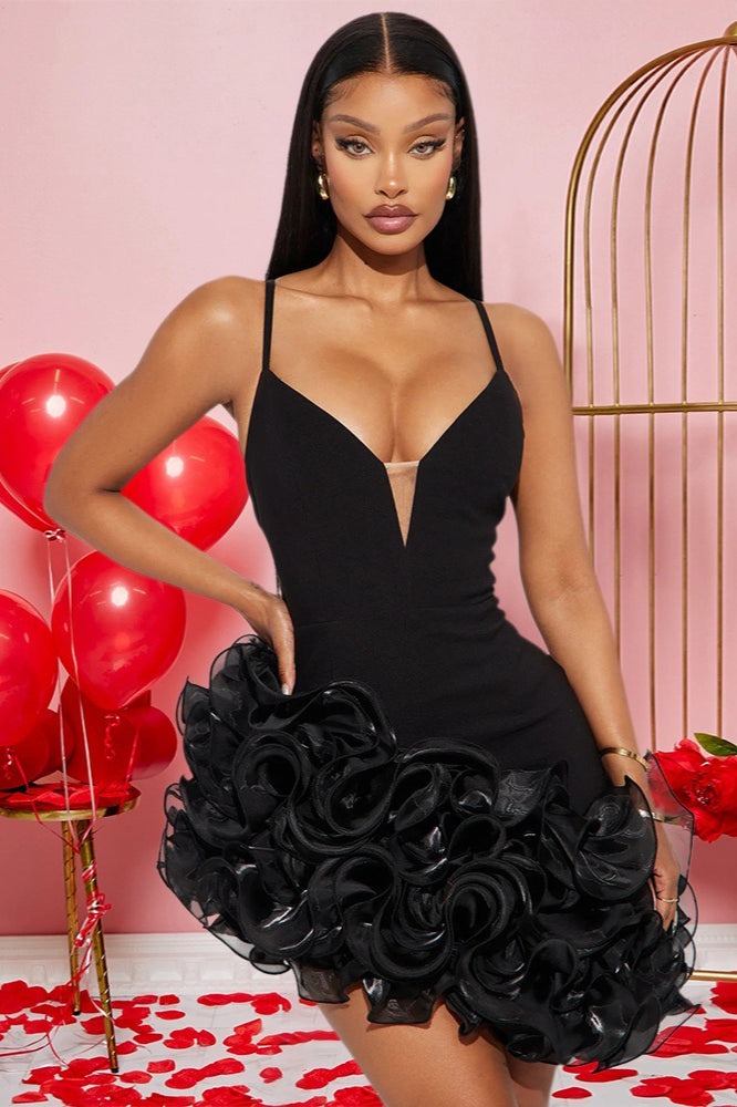 Alluring Solid Spaghetti Strap Ruffled Asymmetric Mini Dress