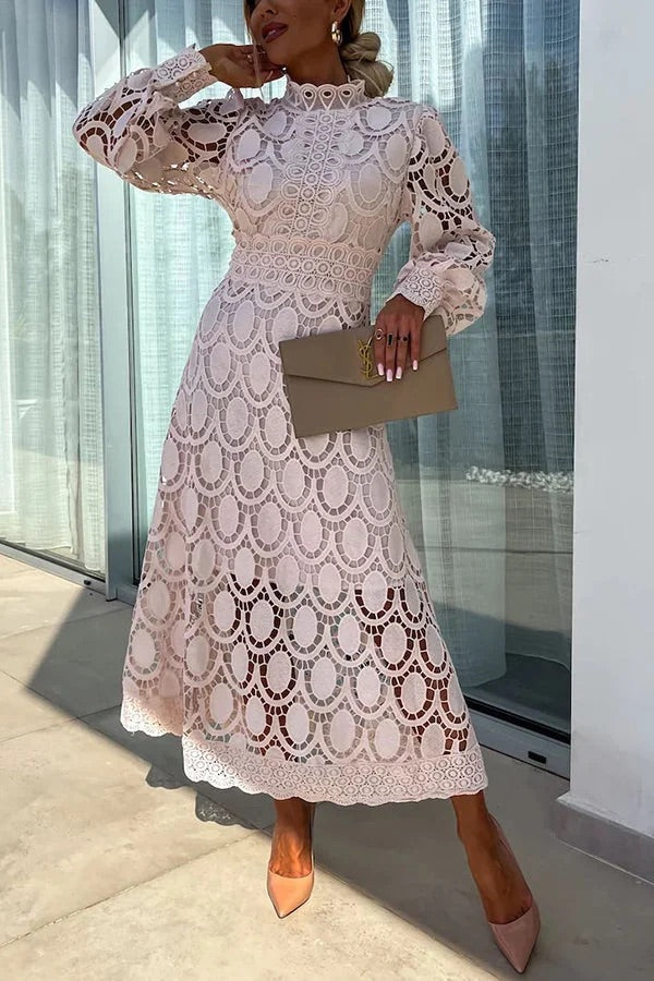 Premium Francisca Romantic, Sensual and Party Midi Dress with Crochet Lace and Lantern Sleeves Chic Silhouette Collection