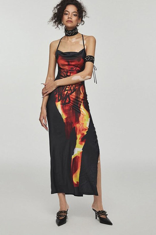 Print Flame Cami Backless Midi Dress