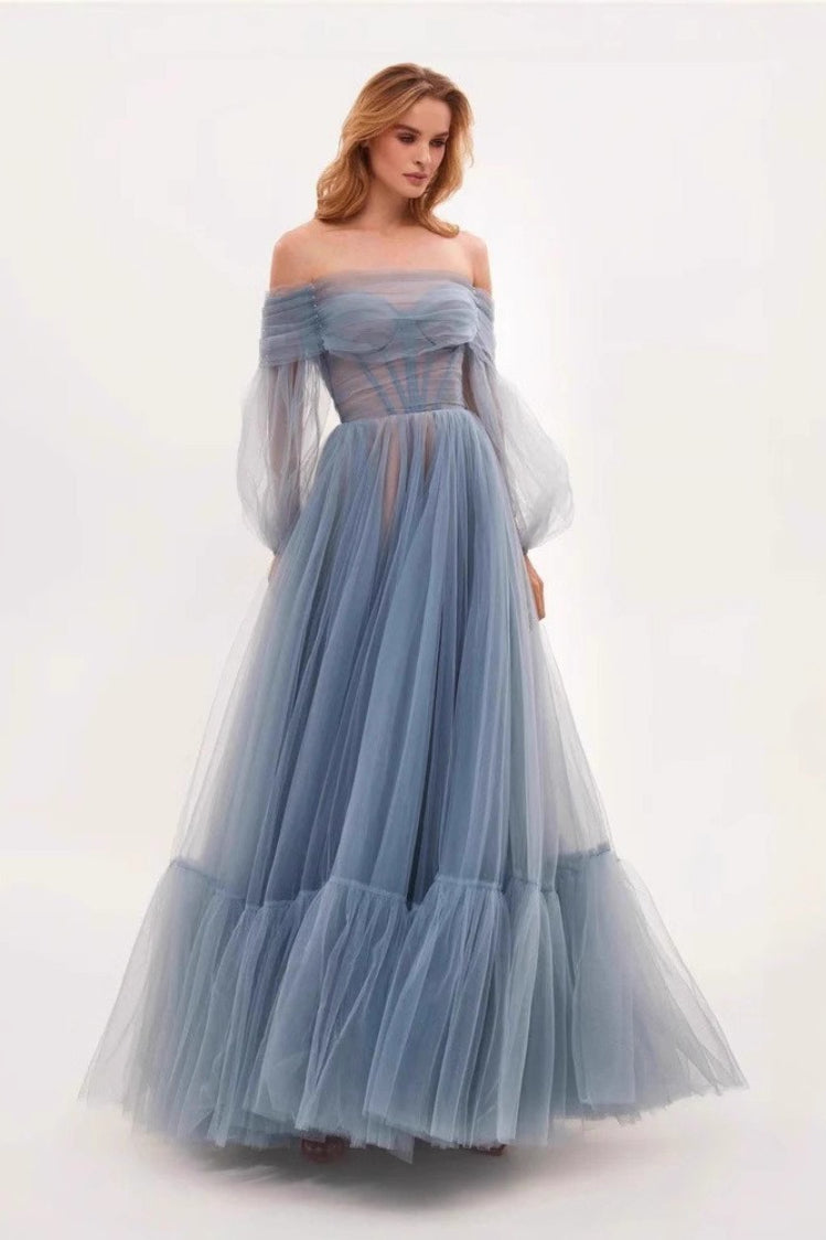 Off Shoulder Mesh Long Sleeved Prom Dress