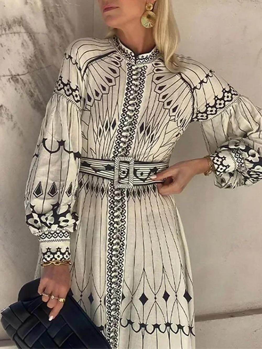 Vintage Casual Lantern Sleeve Bloom Print Midi Dress