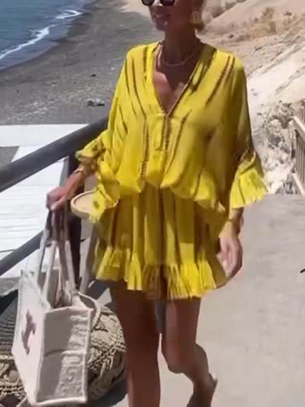 Tie Unique Dye Ruffle Batwing Sleeve Elastic Waist Kaftan Mini Dress