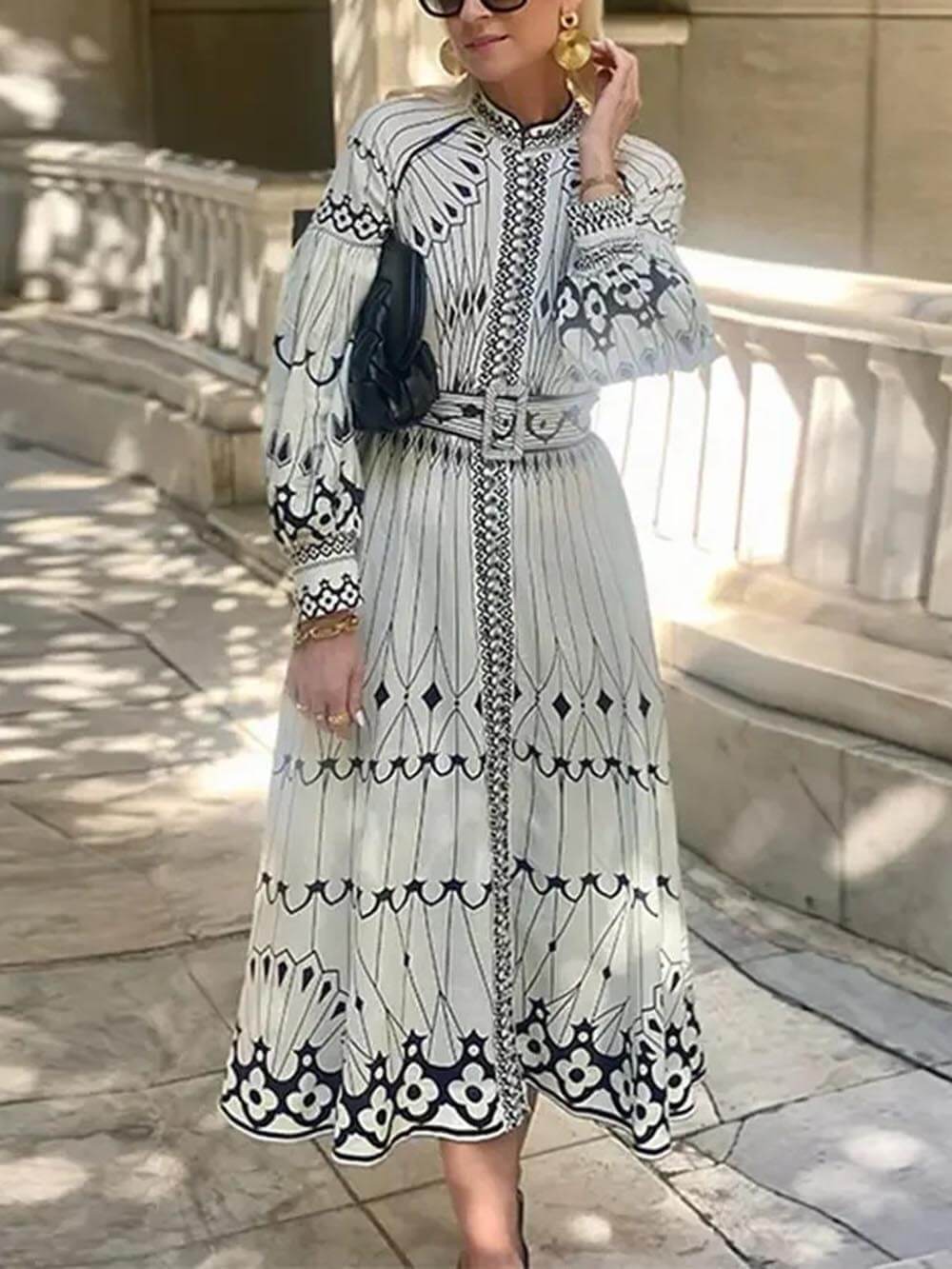 Vintage Casual Lantern Sleeve Bloom Print Midi Dress