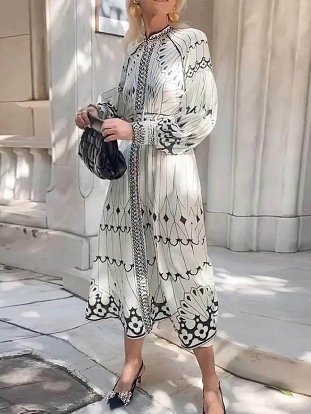 Vintage Casual Lantern Sleeve Bloom Print Midi Dress