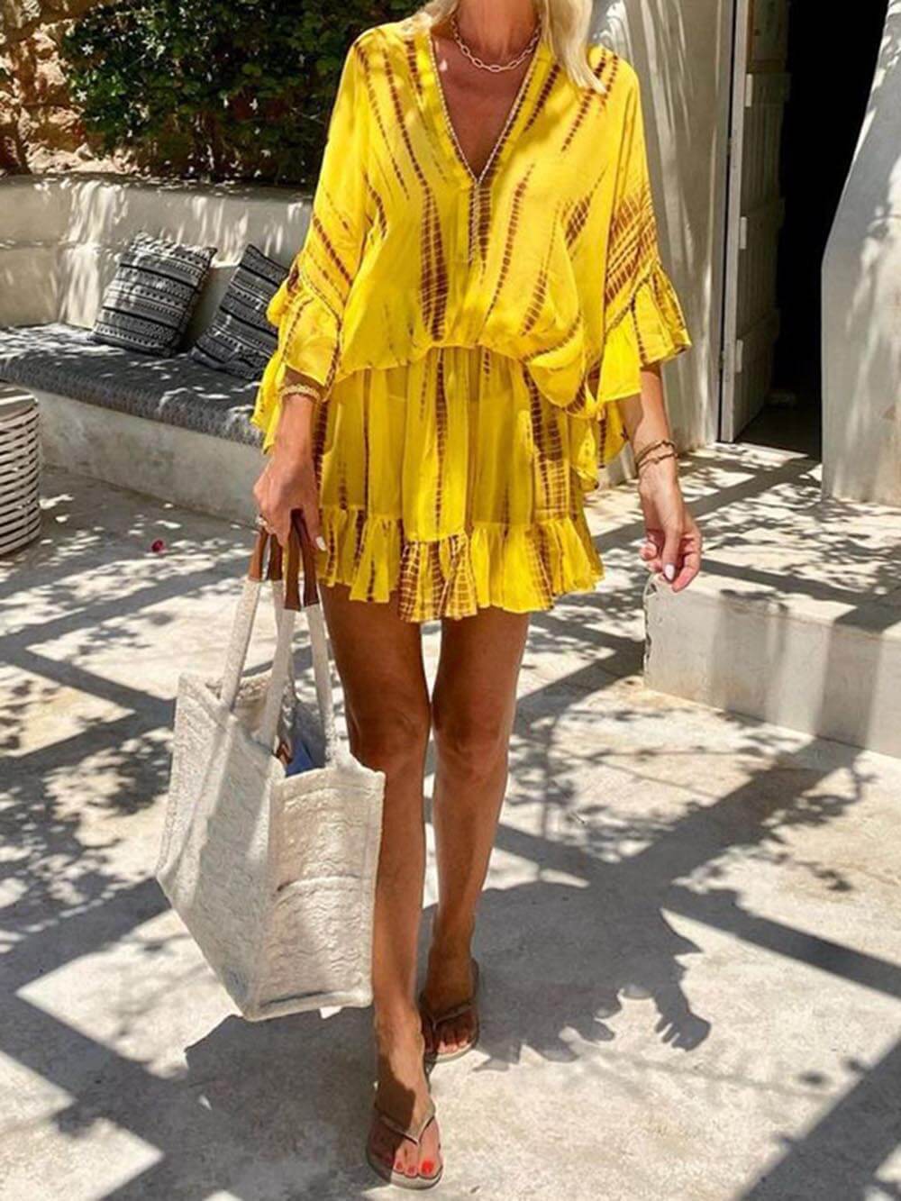 Tie Unique Dye Ruffle Batwing Sleeve Elastic Waist Kaftan Mini Dress