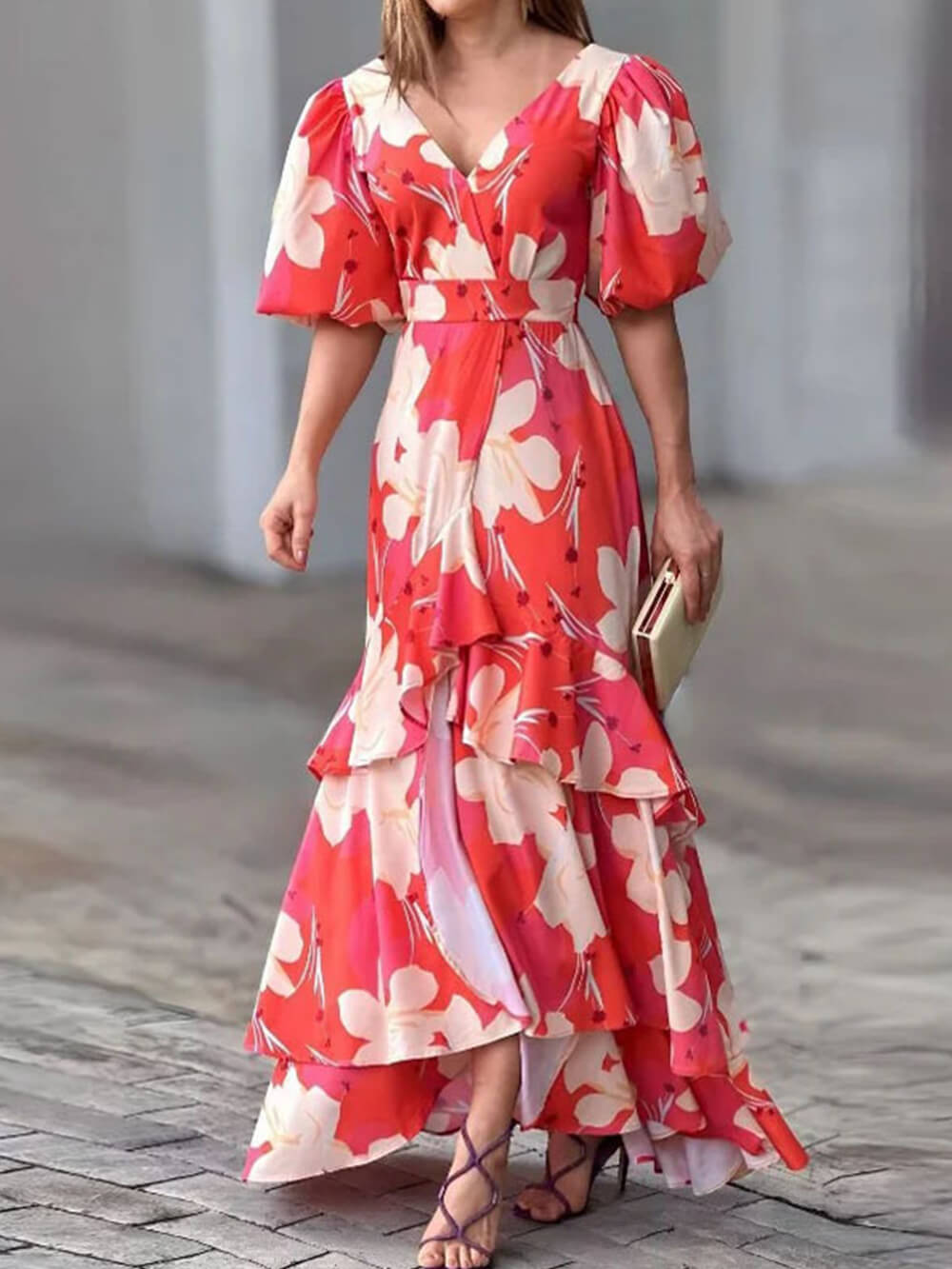 Chic V Neck Printed Layered Dress