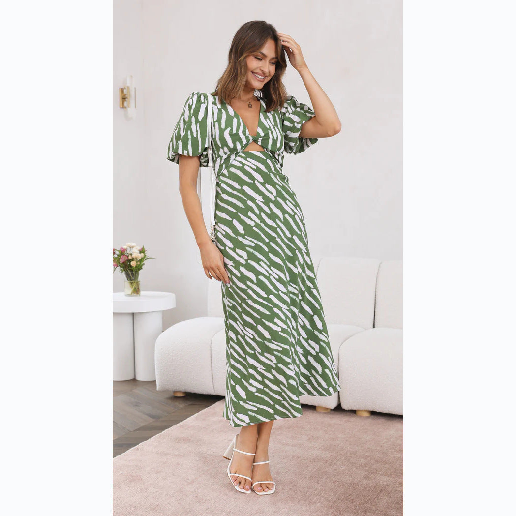 V Printed Neck A Line Midi Dress for a Fresh Style