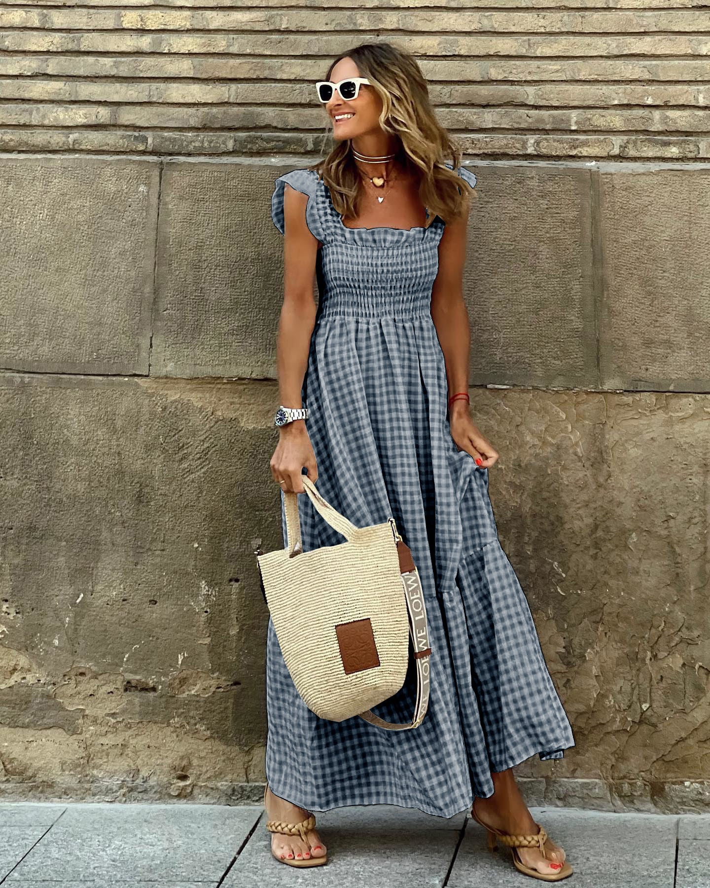 Ruffled Plaid Sleeve Smocked Maxi Dress