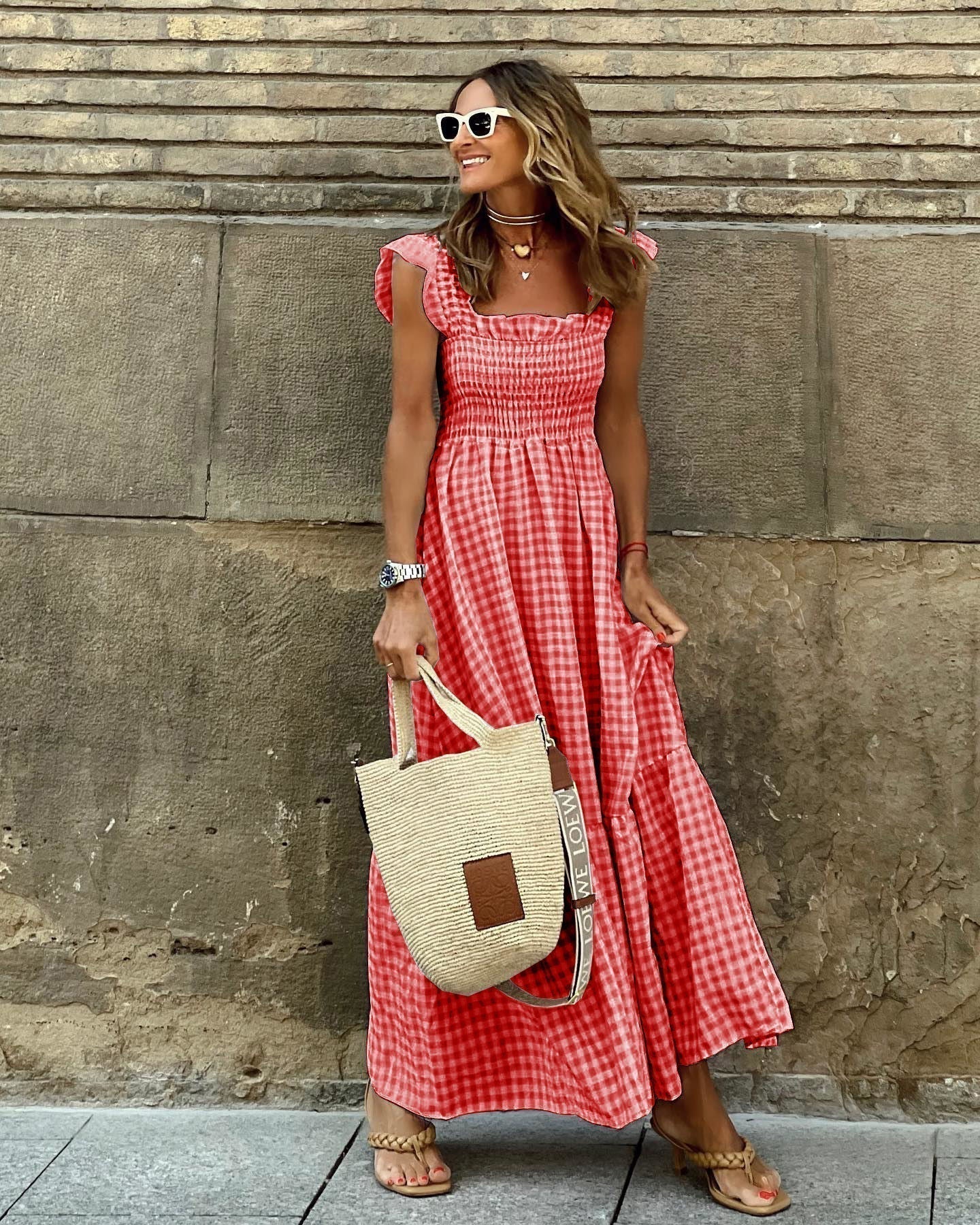 Ruffled Plaid Sleeve Smocked Maxi Dress