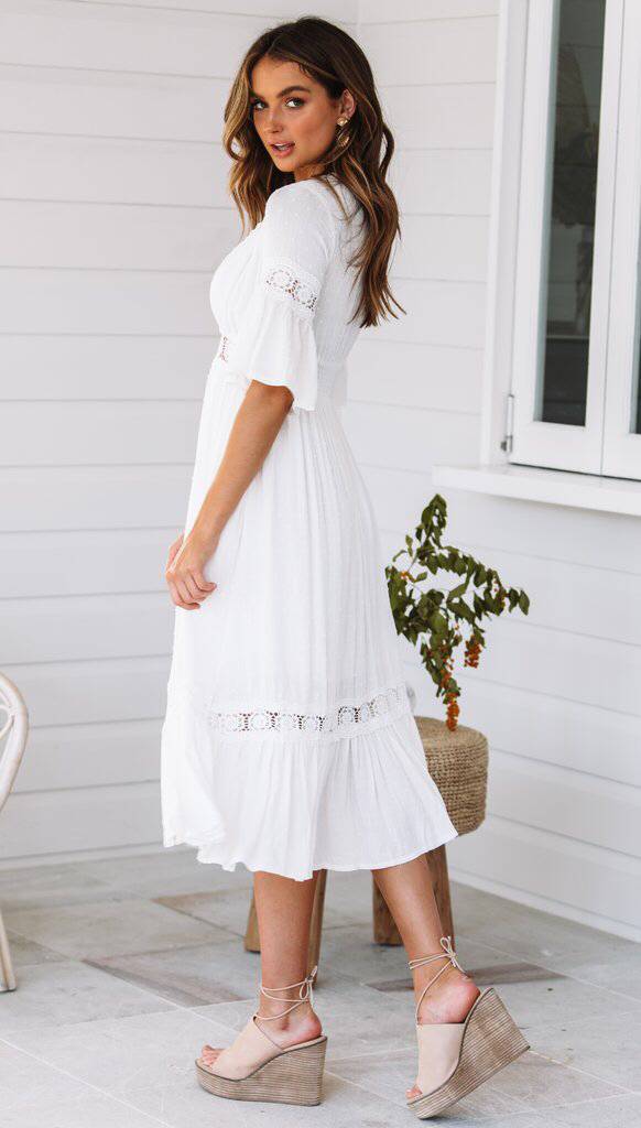 V White Neck Ruffle Hem Lace Dress