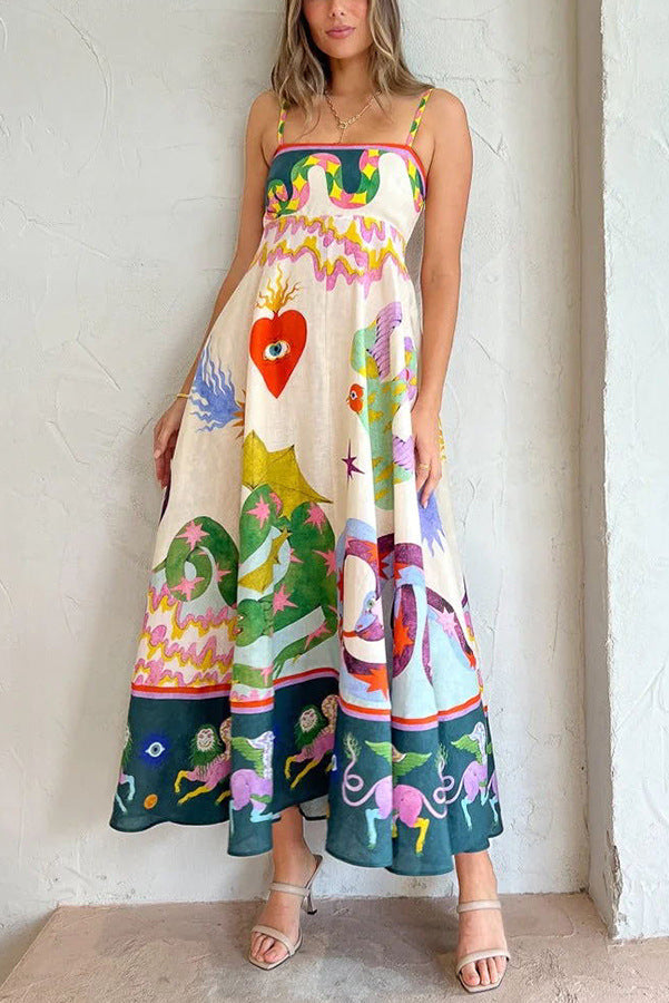 Blend Linen Unique Print Smocked Back Pocketed Midi Dress