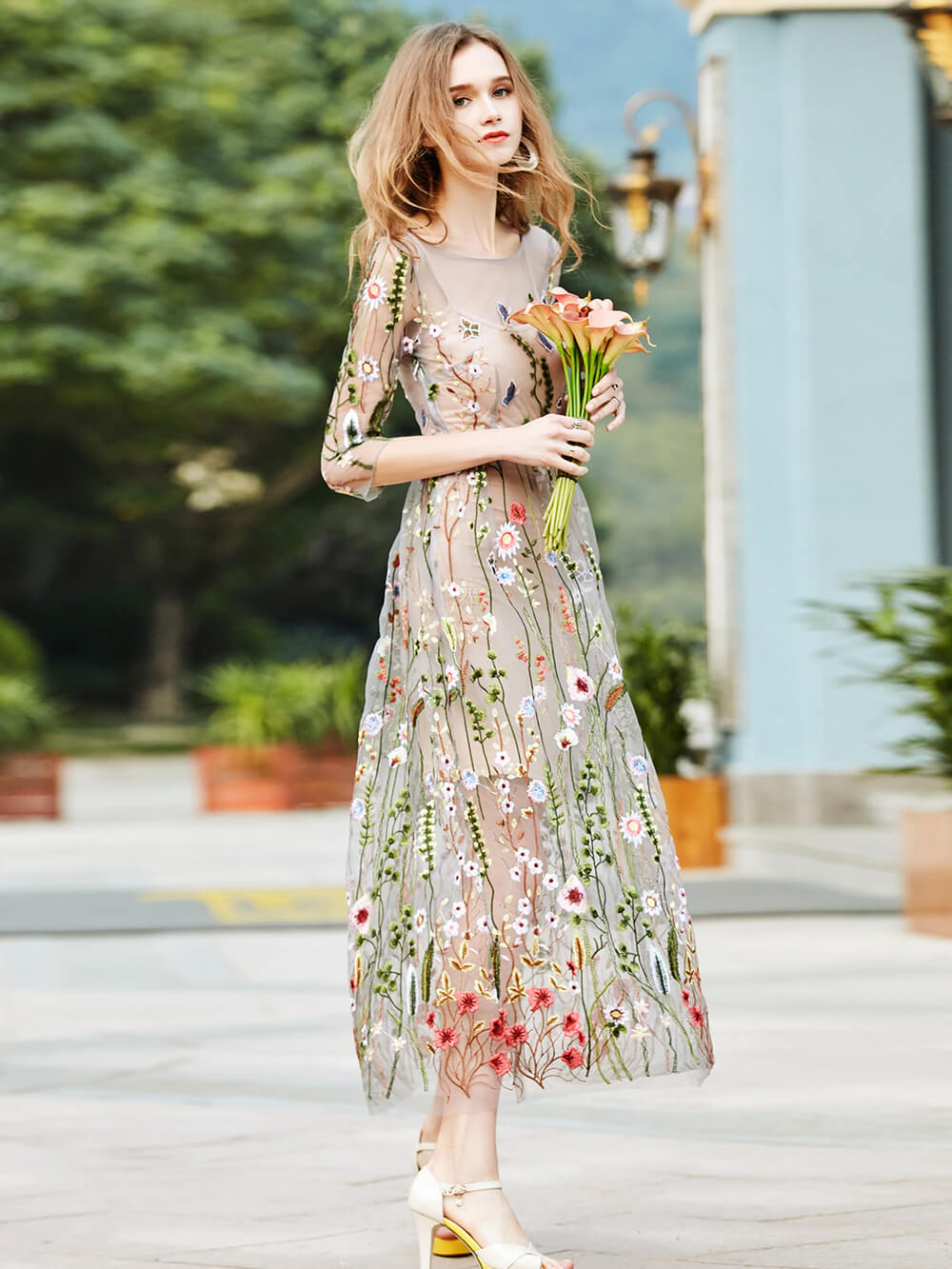 Garden Sheer Mini Dress Flower Embroidered