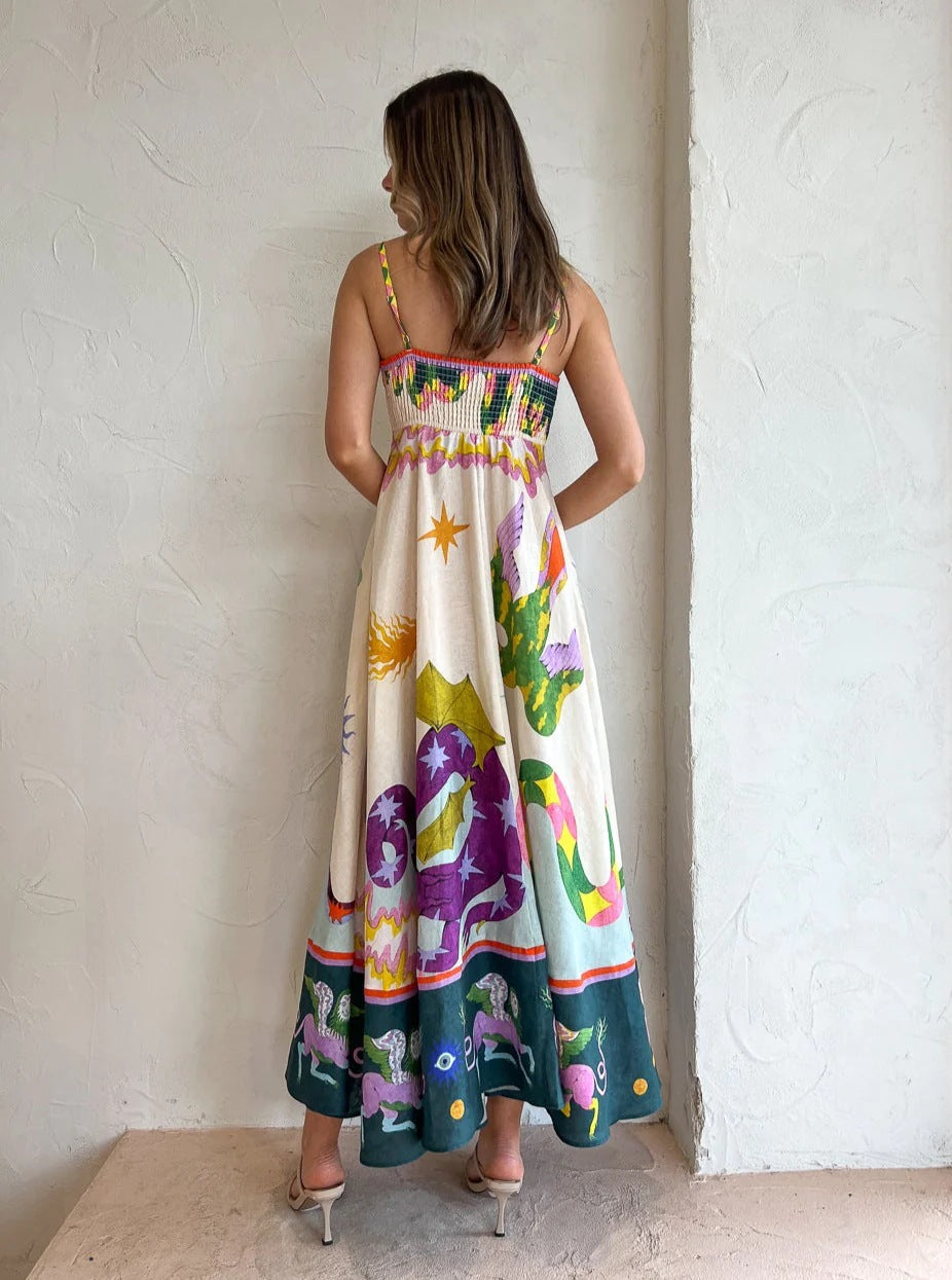 Blend Linen Unique Print Smocked Back Pocketed Midi Dress