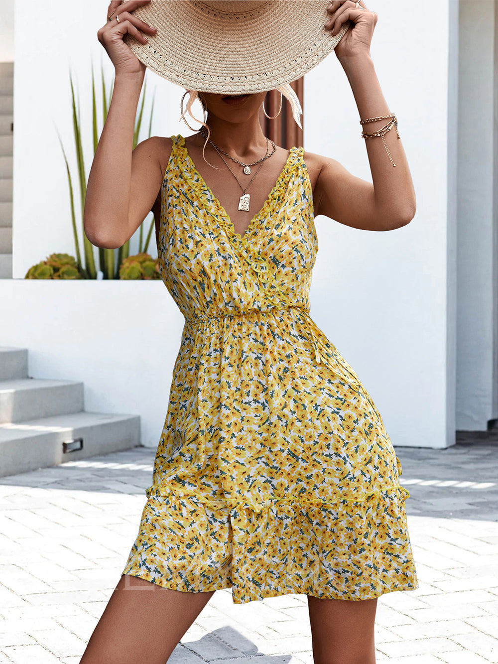 Women Attractive V neck Ruffles Sun Dress