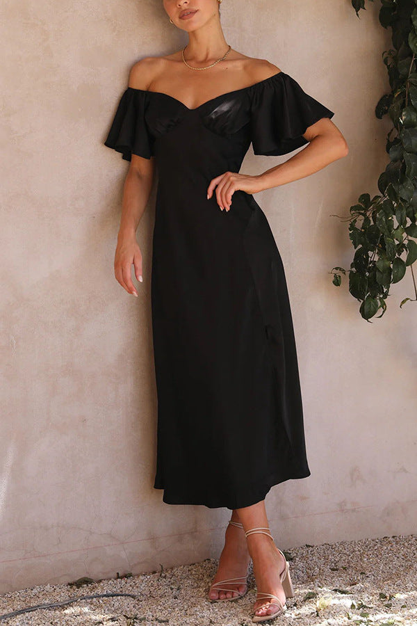 Split Side Midi Dress: Off The Shoulder Flutter Sleeve