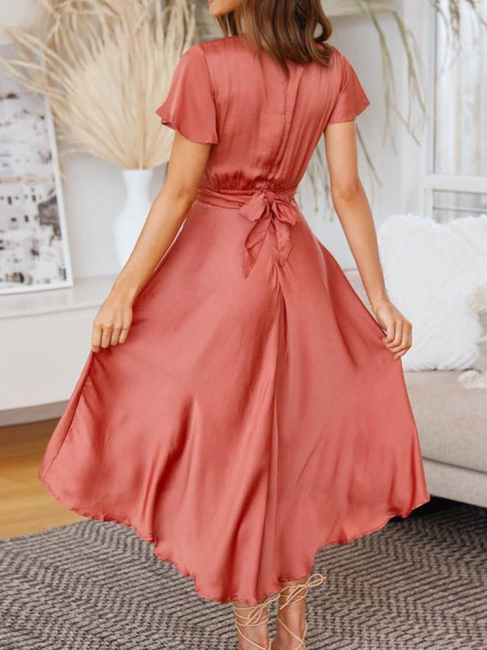 Satin Sage Maxi Wrap Dress: Twist Front Cutout