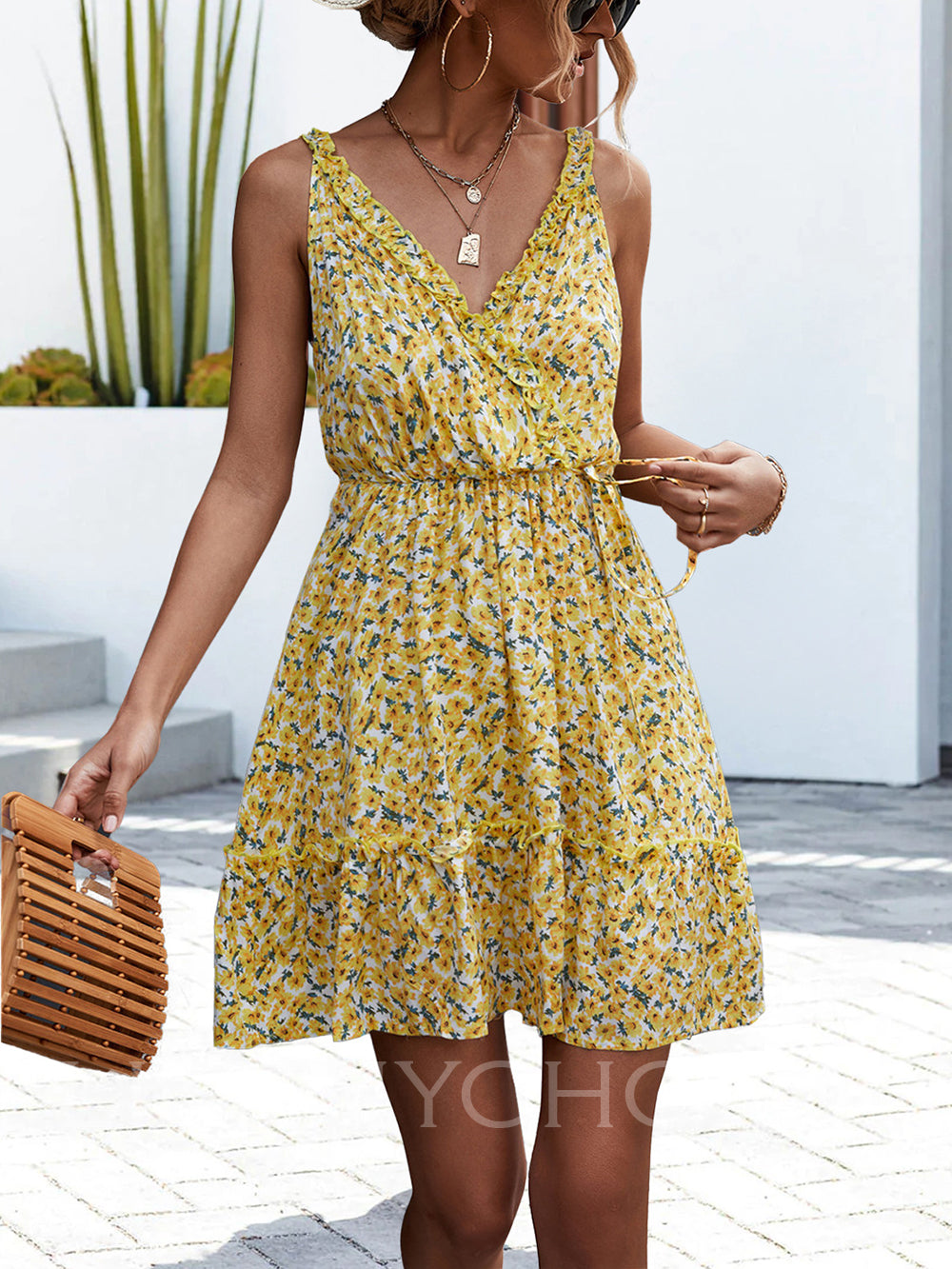 Women Attractive V neck Ruffles Sun Dress