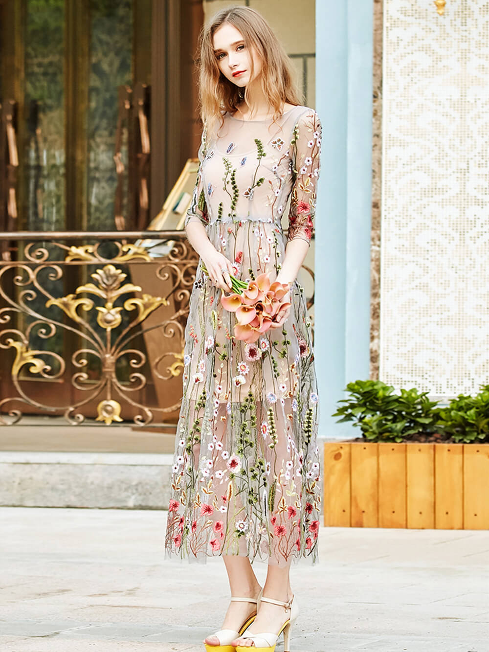 Garden Sheer Mini Dress Flower Embroidered
