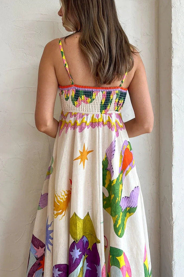 Blend Linen Unique Print Smocked Back Pocketed Midi Dress