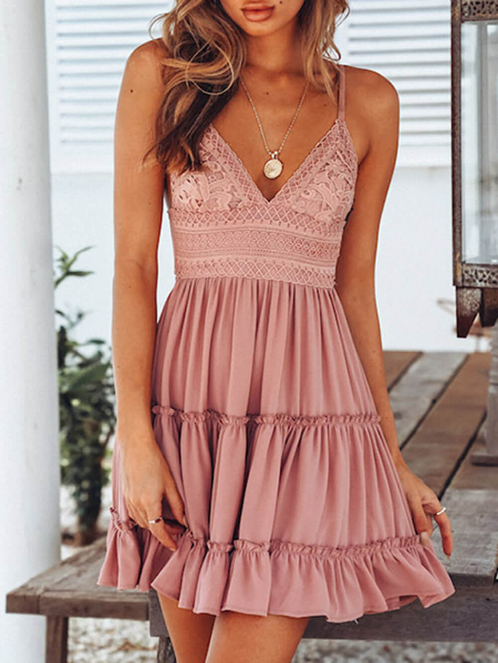 and European American lace strap mini dress