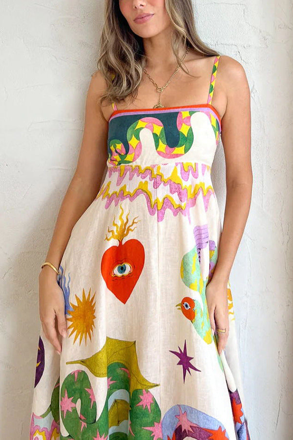 Blend Linen Unique Print Smocked Back Pocketed Midi Dress