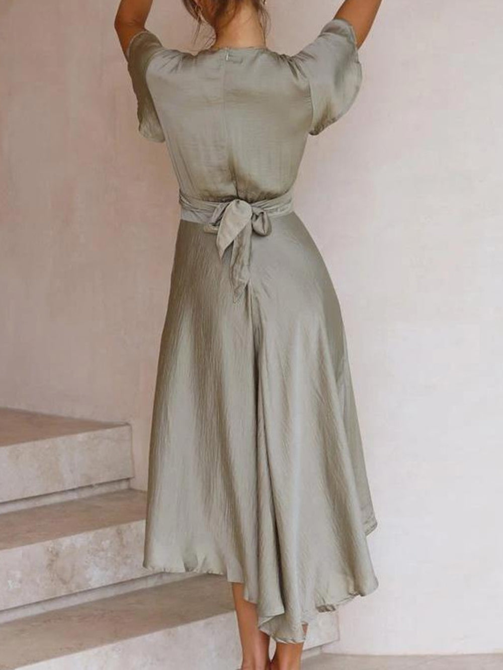 Satin Sage Maxi Wrap Dress: Twist Front Cutout