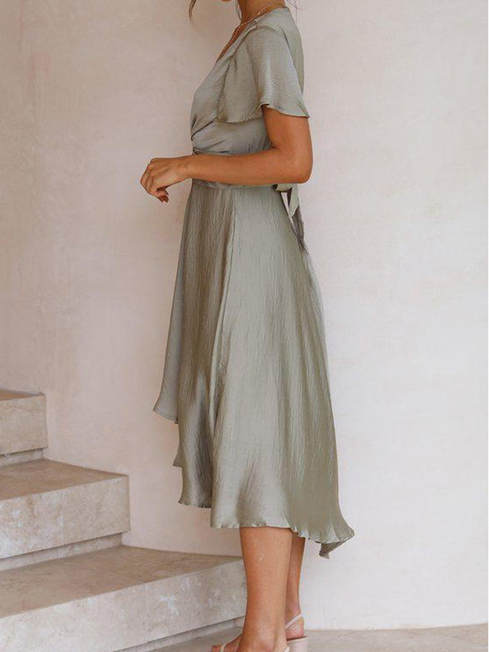 Satin Sage Maxi Wrap Dress: Twist Front Cutout