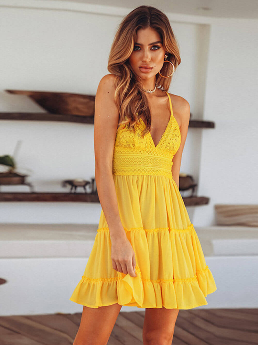 and European American lace strap mini dress