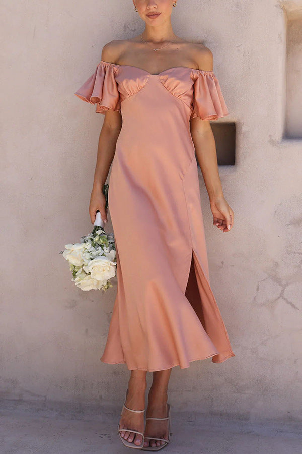 Split Side Midi Dress: Off The Shoulder Flutter Sleeve