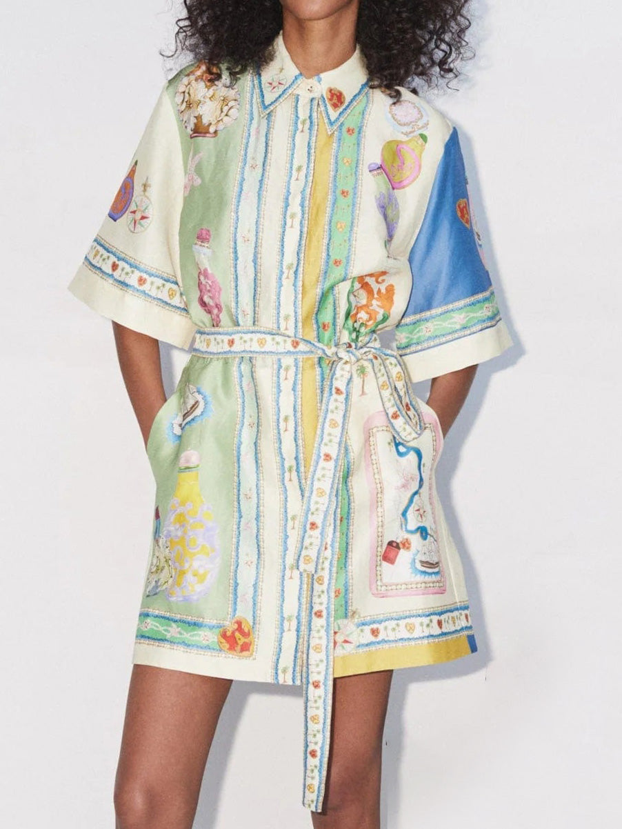 Exquisite Unique Oil Painting Print Lace Up Cardigan Mini Dress