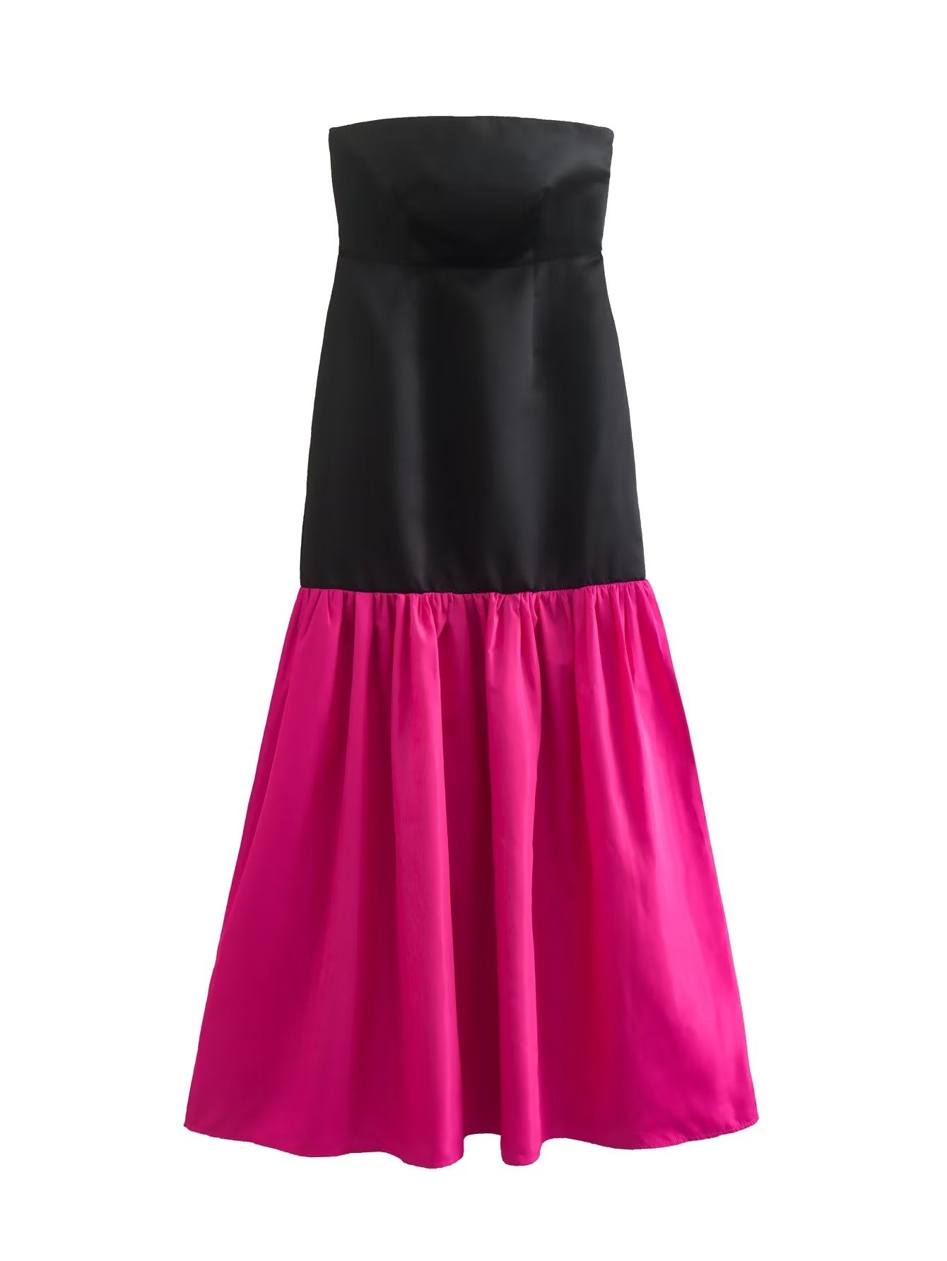 Autumn Winter Patchwork Maxi Dress Tube Top Contrast Color Maxi Dress