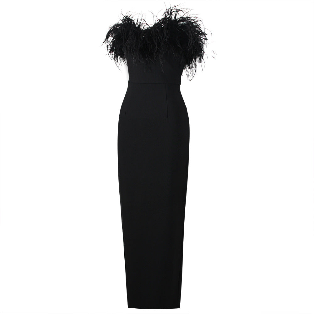 Fur Ostrich Tube Top Dress Bandage One Piece Dress