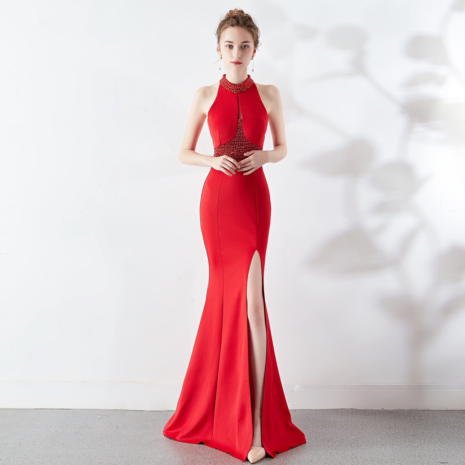 Autumn Extended Red Fishtail Halter Wedding Banquet Evening Dress Dress Formal Gown