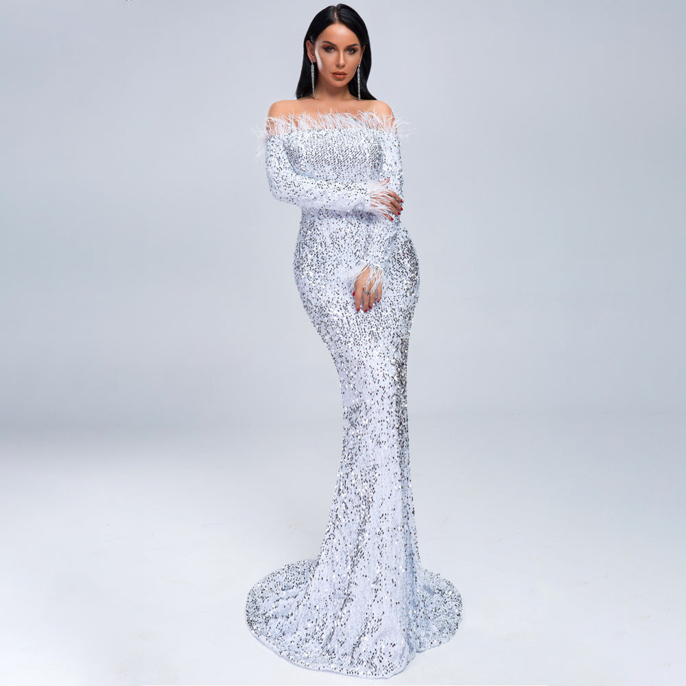 Sequined Evening Dress Women Attractive off Shoulder Feather Long Sleeve Party Maxi Dress